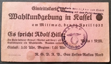 Ticket for a speech by Adolf Hitler in Kassel, in front of 40,000 participants